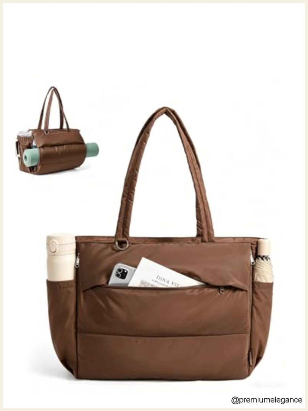 Quilted Tote Gym Bag with Yoga Mat Holder and Laptop Compartment